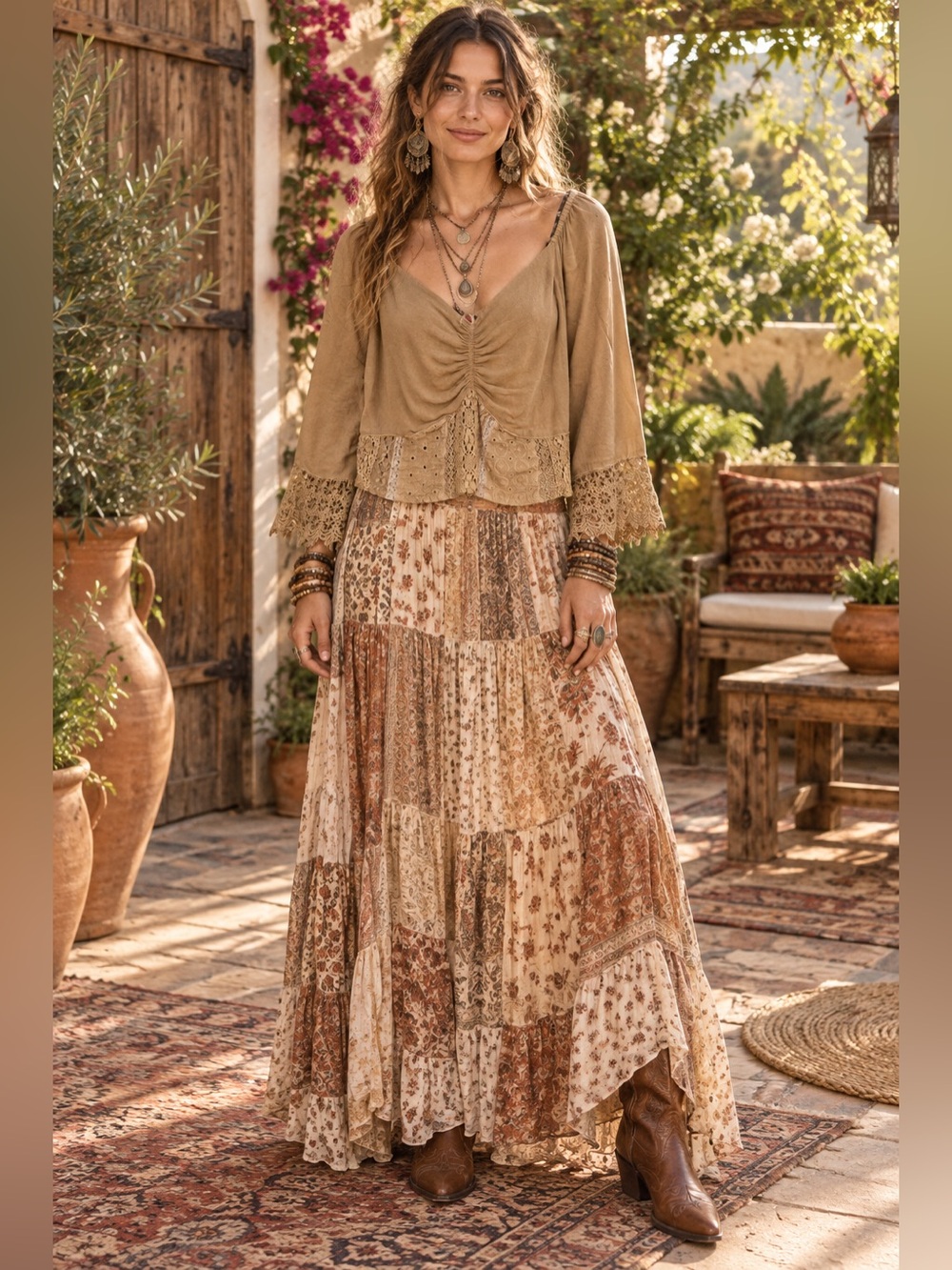 H126 NWT Young Threads L (M) ptp15-18 Top Tan Lace-Trim Peasant Smocked Top